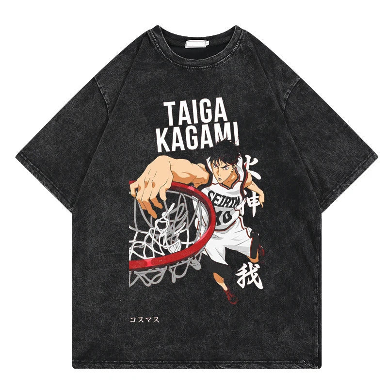 Summer Anime Slam Dunk Printed T-Shirt Vintage Washed Cotton Short Sleeve Top