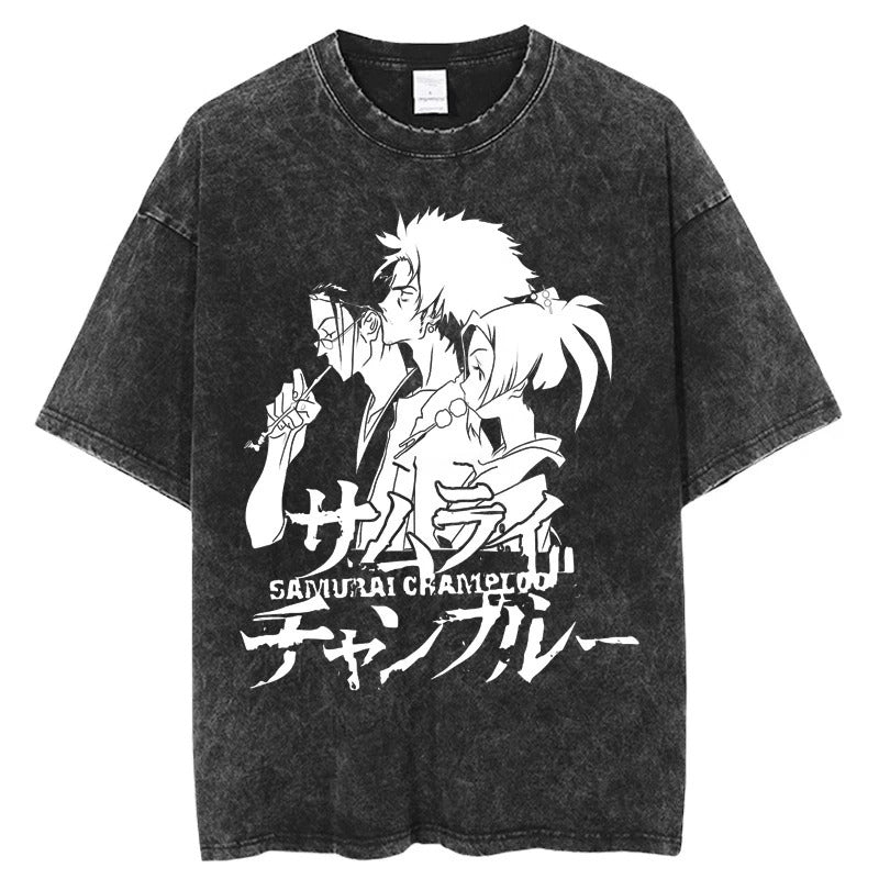 Summer Anime Pattern Cartoon Print T-Shirt Cotton Washed Vintage Short Sleeve Top Trendy