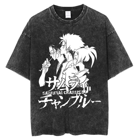 Summer Anime Pattern Cartoon Print T-Shirt Cotton Washed Vintage Short Sleeve Top Trendy